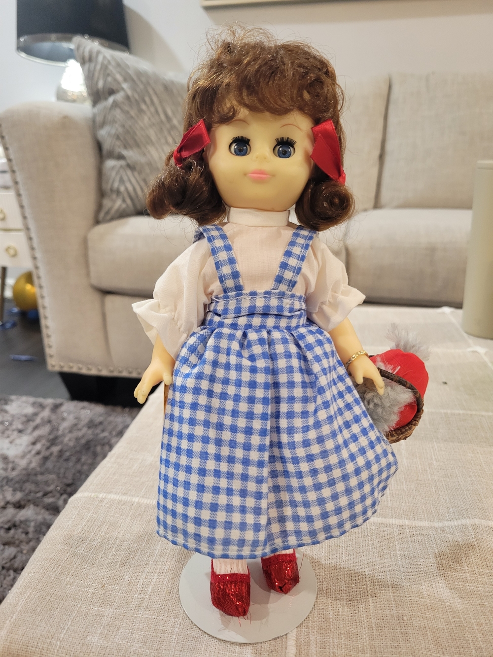 Gambina Dorothy doll in blue and white gingham dress with red bow and red shoes